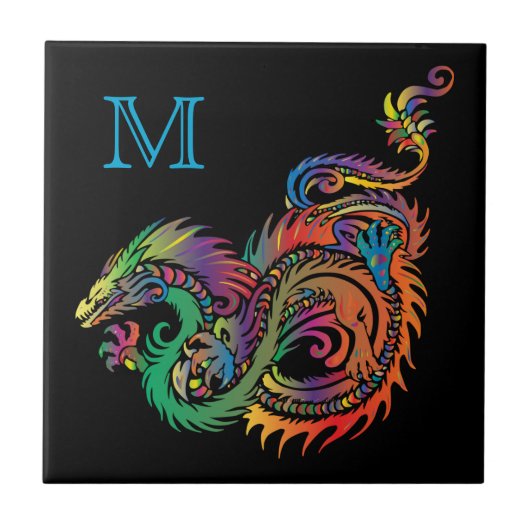 Kleurrijke Fantasy Dragon Monogram Tegeltje (Voorkant)