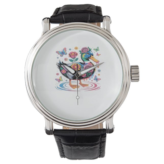 Kleurrijke Fantasy Eend met Bloemen en Vlinders Horloge (Voorkant)