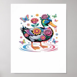 Kleurrijke Fantasy Eend met Bloemen en Vlinders Poster