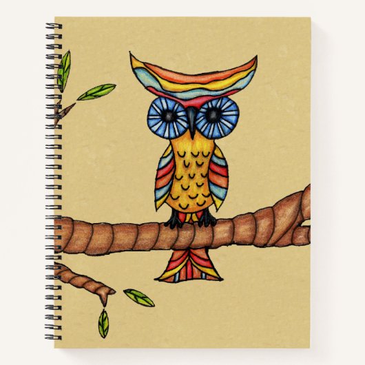 Kleurrijke Fantasy Owl Blue Eyes Branch Leaves Tan Notitieboek (Voorkant)