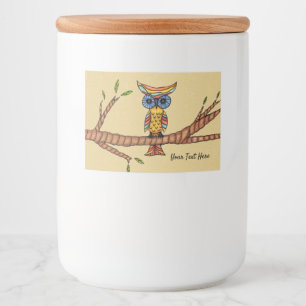 Kleurrijke Fantasy Owl Blue-ogen op boomtak Tan Voedselcontainer Etiket