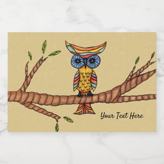 Kleurrijke Fantasy Uil Blauwe ogen op Tree Branch  Voedselcontainer Etiket (Enkel label)