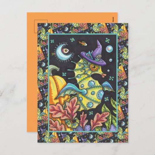 KLEURRIJKE FANTASY ZEEPAARDJE, HEKS IN HALLOWEEN Z FEESTDAGENKAART (Voorkant / Achterkant)