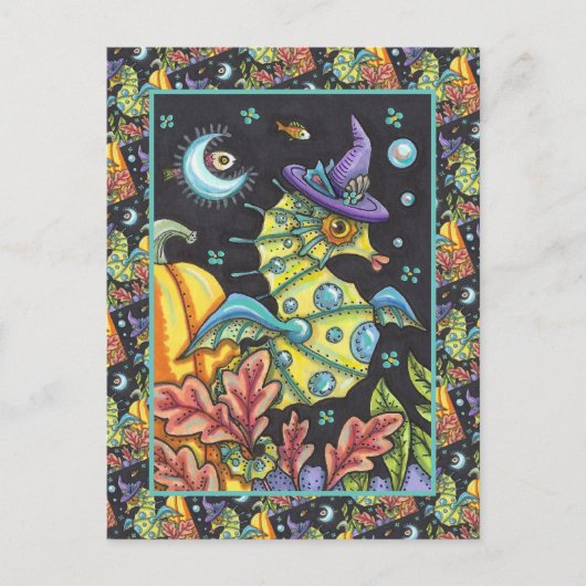 KLEURRIJKE FANTASY ZEEPAARDJE, HEKS IN HALLOWEEN Z FEESTDAGENKAART (Voorkant)