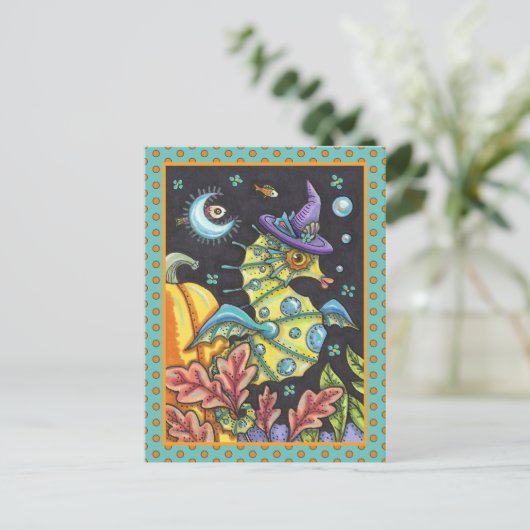 KLEURRIJKE FANTASY ZEEPAARDJE, HEKS IN HALLOWEEN Z FEESTDAGENKAART (Staand voorkant)