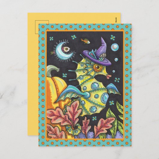 KLEURRIJKE FANTASY ZEEPAARDJE, HEKS IN HALLOWEEN Z FEESTDAGENKAART (Voorkant / Achterkant)