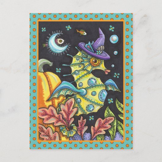 KLEURRIJKE FANTASY ZEEPAARDJE, HEKS IN HALLOWEEN Z FEESTDAGENKAART (Voorkant)