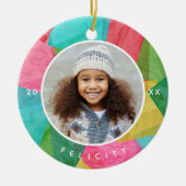 Kleurrijke Faux Decoupage Foto Kerstmis Keramisch Ornament (Voorkant)