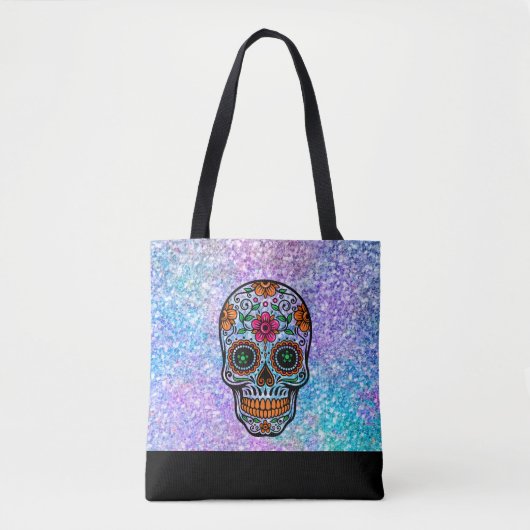 Kleurrijke faux flitter en retro suikerschedel tote bag (Voorkant)