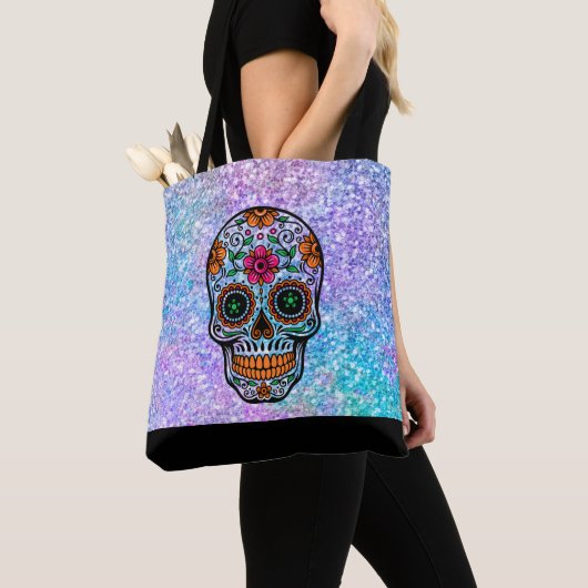 Kleurrijke faux flitter en retro suikerschedel tote bag (Dichtbij)