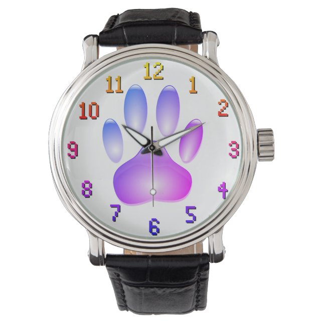 Kleurrijke Faux Glass Dog Paw Print Horloge (Voorkant)
