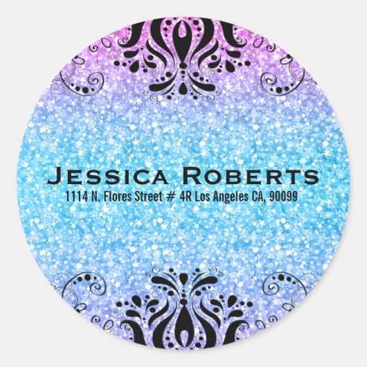Kleurrijke Faux Glitter & Zwart Kant Ronde Sticker (Voorkant)
