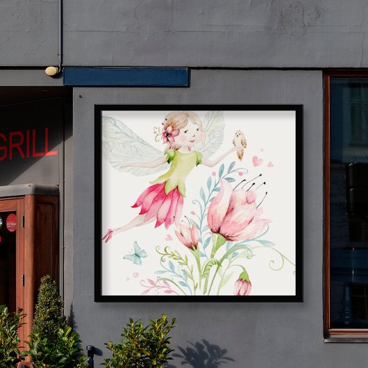 Kleurrijke fee en illustratie van bloemen poster