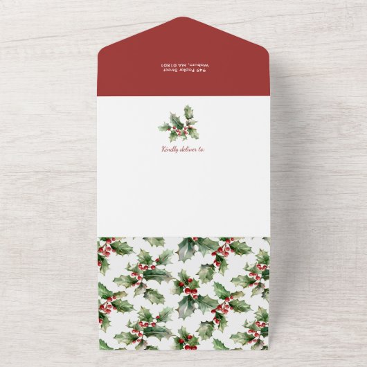 Kleurrijke feestelijke Bold Christmas Holly Foto All In One Uitnodiging (Buitenkant)