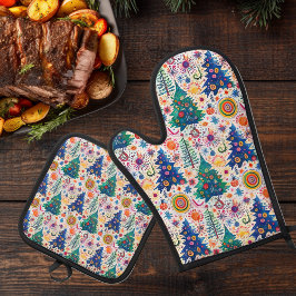 Kleurrijke feestelijke boom patroon ovenwant & pannenlap set