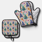 Kleurrijke feestelijke boom patroon ovenwant & pannenlap set (Voorkant / Achterkant)