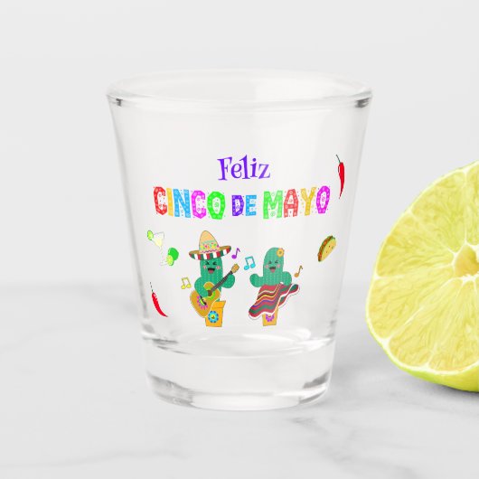 Kleurrijke feestelijke Cinco de Mayo 2025 Dansende Shot Glas (Voorkant)