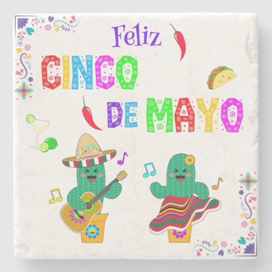Kleurrijke feestelijke Cinco de Mayo 2025 Dansende Stenen Onderzetter (Voorkant)