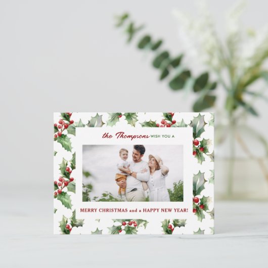 Kleurrijke feestelijke kerst Holly One-Photo Feestdagenkaart (Staand voorkant)