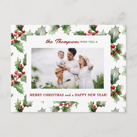 Kleurrijke feestelijke kerst Holly One-Photo Feestdagenkaart (Voorkant)