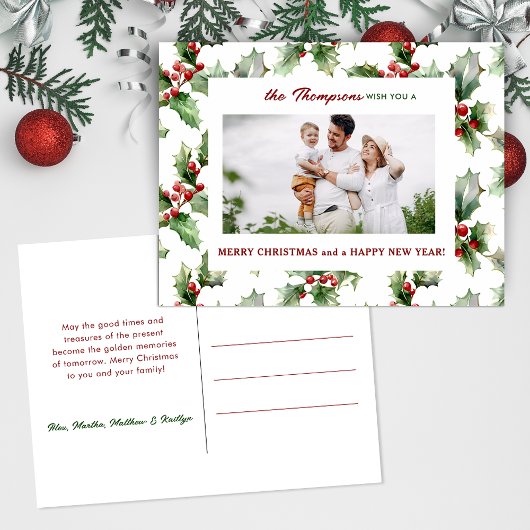Kleurrijke feestelijke kerst Holly One-Photo Feestdagenkaart