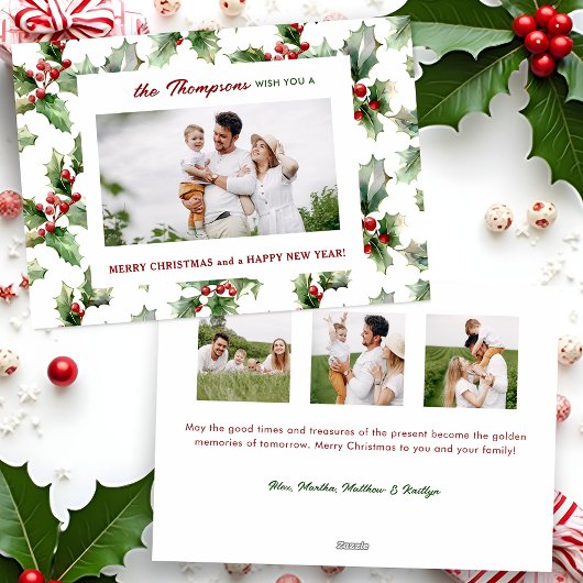 Kleurrijke feestelijke kerst Holly One-Photo Feestdagenkaart