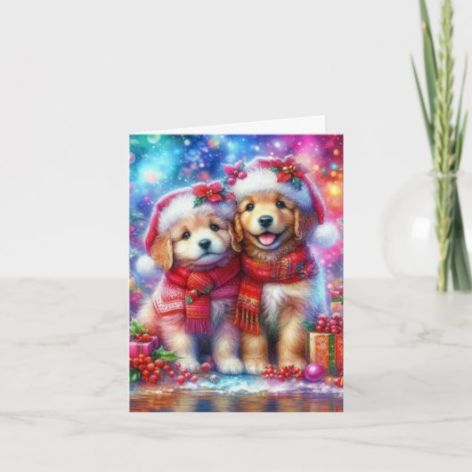 Kleurrijke Feestelijke Kerst Puppies Christelijk Feestdagen Kaart (Voorkant)