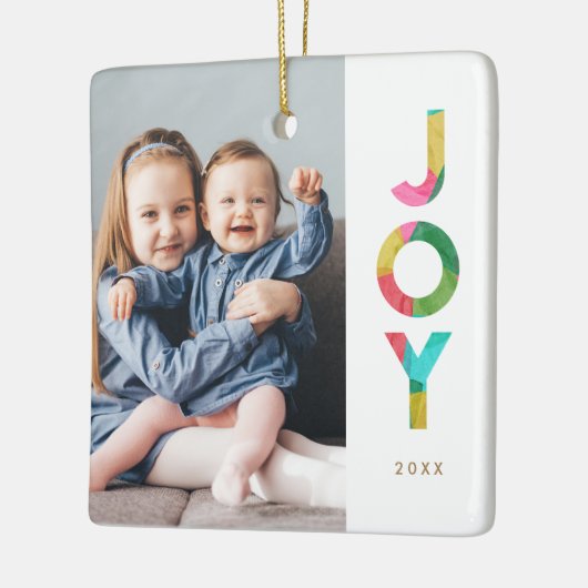 Kleurrijke Feestelijke VREUGDE Kerstmis Foto Keramisch Ornament (Links)