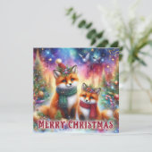 Kleurrijke feestelijke Waterverf Woodland Fox Chri Feestdagenkaart (Staand voorkant)