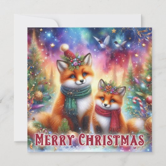 Kleurrijke feestelijke Waterverf Woodland Fox Chri Feestdagenkaart (Voorkant)