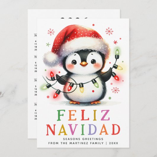 Kleurrijke Feliz Navidad Penguin Spaanse Kerstmis Feestdagenkaart (Voorkant / Achterkant)
