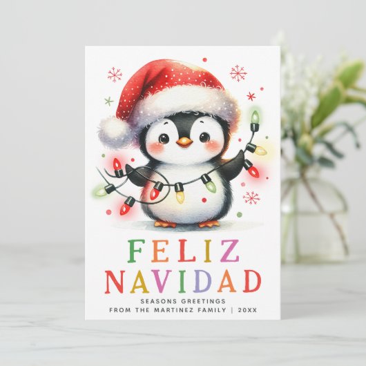 Kleurrijke Feliz Navidad Penguin Spaanse Kerstmis Feestdagenkaart (Staand voorkant)