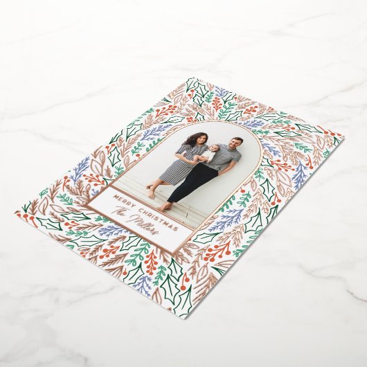 Kleurrijke Festive Floral Photo Arch Kerstmis Folie Feestdagenkaart (Gedraaid)