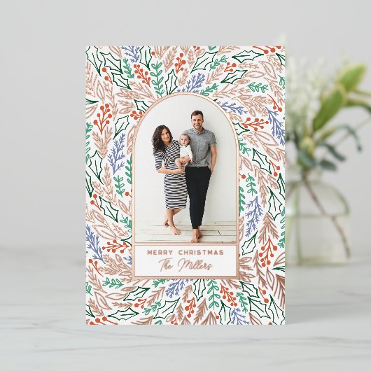 Kleurrijke Festive Floral Photo Arch Kerstmis Folie Feestdagenkaart (Staand Voorkant)