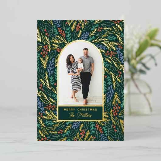 Kleurrijke Festive Floral Photo Arch Kerstmis Folie Feestdagenkaart (Staand Voorkant)