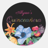 Kleurrijke Fiesta Bloemen Zwart Bloemen Bloemen Bl Ronde Sticker (Voorkant)