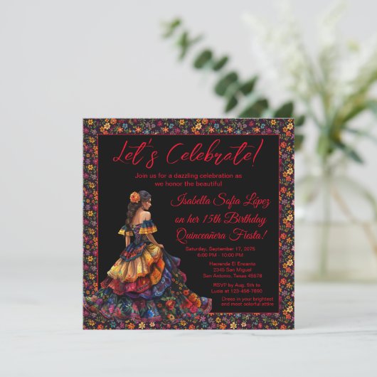Kleurrijke Fiesta Quinceañera uitnodiging (Staand voorkant)