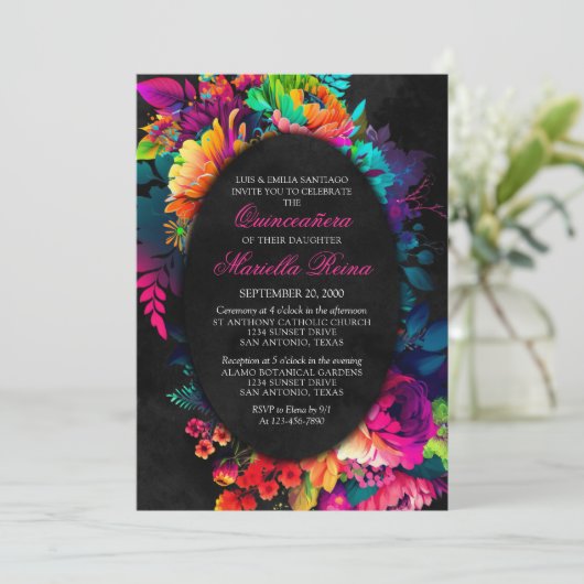 Kleurrijke Fiesta Waterverf Floral Quinceañera Kaart (Staand voorkant)