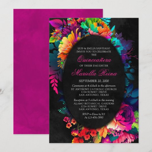Kleurrijke Fiesta Waterverf Floral Quinceañera Kaart (Voorkant / Achterkant)