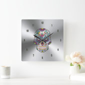 kleurrijke flessenschedel op metaal roestvrij staa vierkante klok (Huis)