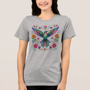 Kleurrijke Flok Kunst Kolibrie Tri-Blend Shirt