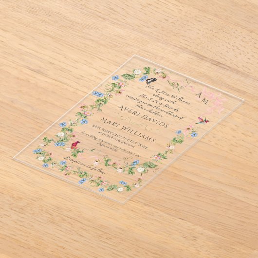 Kleurrijke Flora Bow Garden Elegante Fotobruiloft Acryl Uitnodigingen (Laagn)