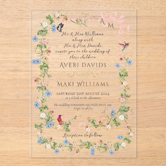 Kleurrijke Flora Bow Garden Elegante Fotobruiloft Acryl Uitnodigingen (Voorkant)