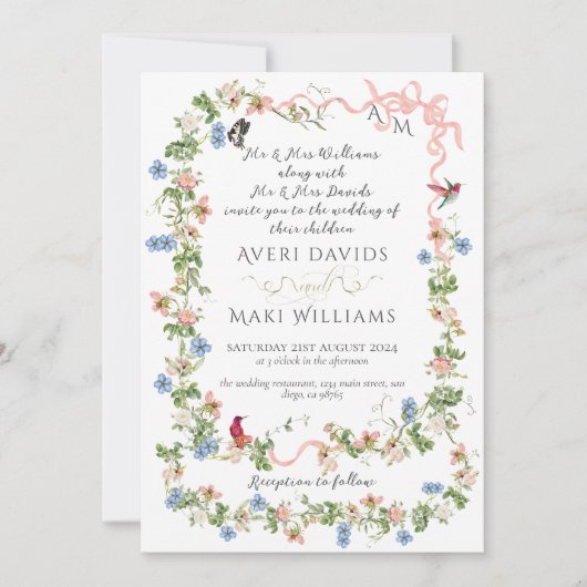 Kleurrijke Flora Bow Garden Elegante Fotobruiloft Kaart (Voorkant)