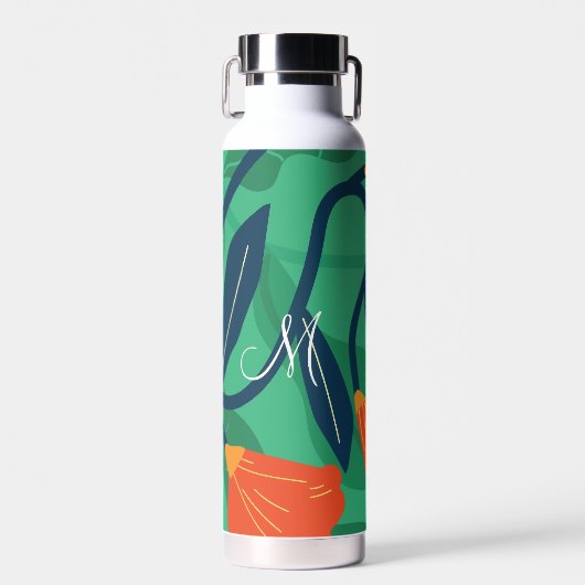 Kleurrijke Flora en olievlek met geel op groen Waterfles (Voorkant)