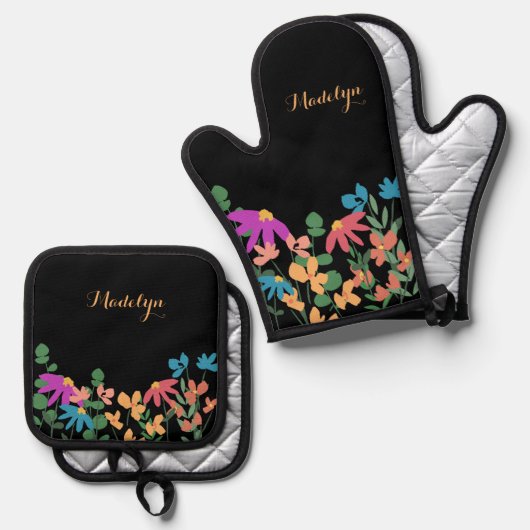 Kleurrijke Floral aangepaste scriptnaam op zwart Ovenwant & Pannenlap Set (Voorkant / Achterkant)