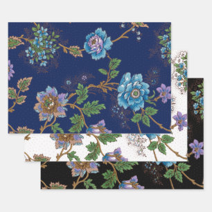 Kleurrijke Floral-Black, witte en blauwe achtergro Inpakpapier Vel