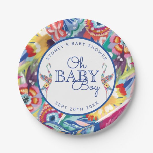 Kleurrijke Floral Botanical Stork Baby Boy Shower Papieren Bordje (Voorkant)