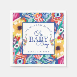 Kleurrijke Floral Botanical Stork Baby Boy Shower Servet