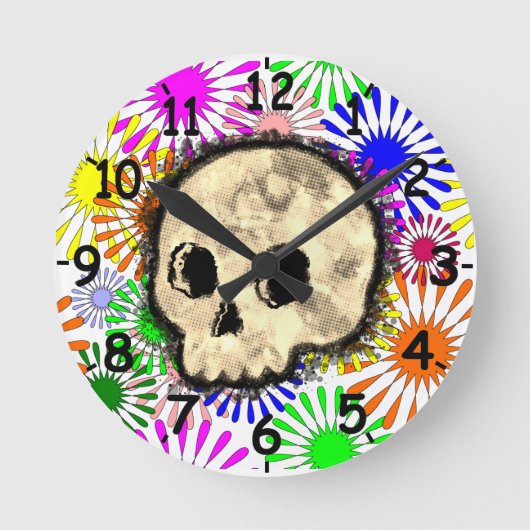 Kleurrijke Floral Burst Skull Waterverf Ronde Klok (Voorkant)